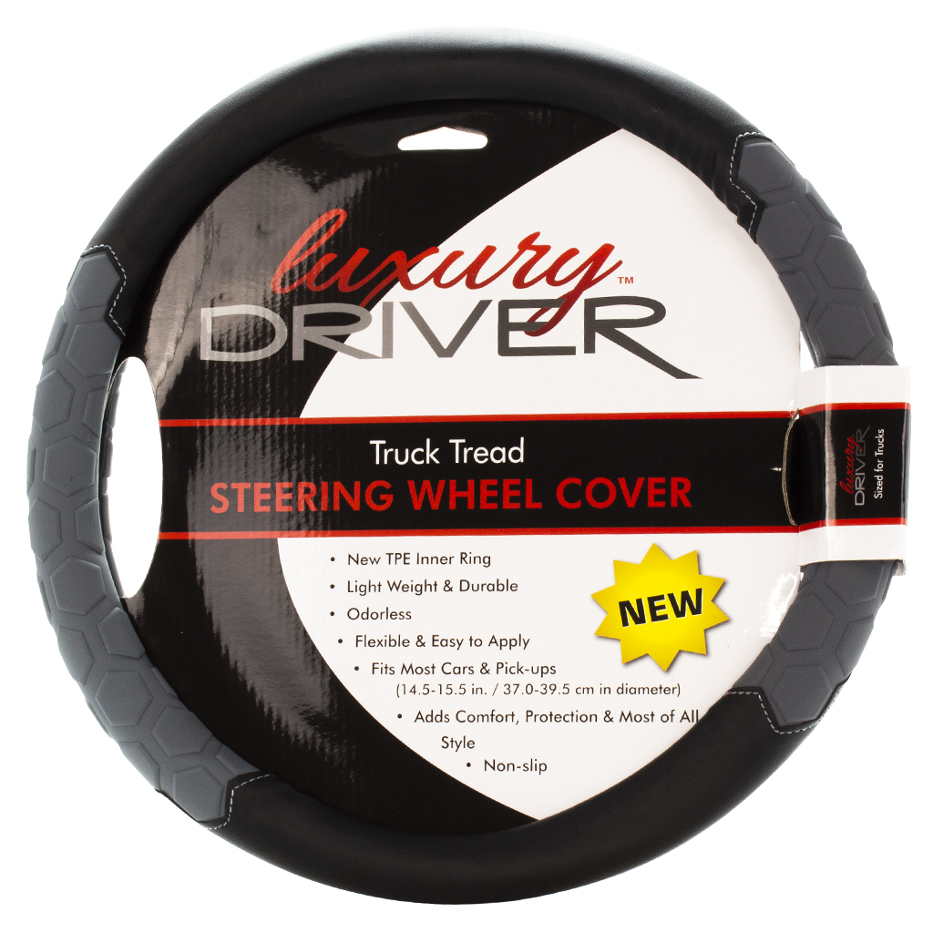 Luxury Driver Steering Wheel Cover - Large Truck Tread Black/Gray